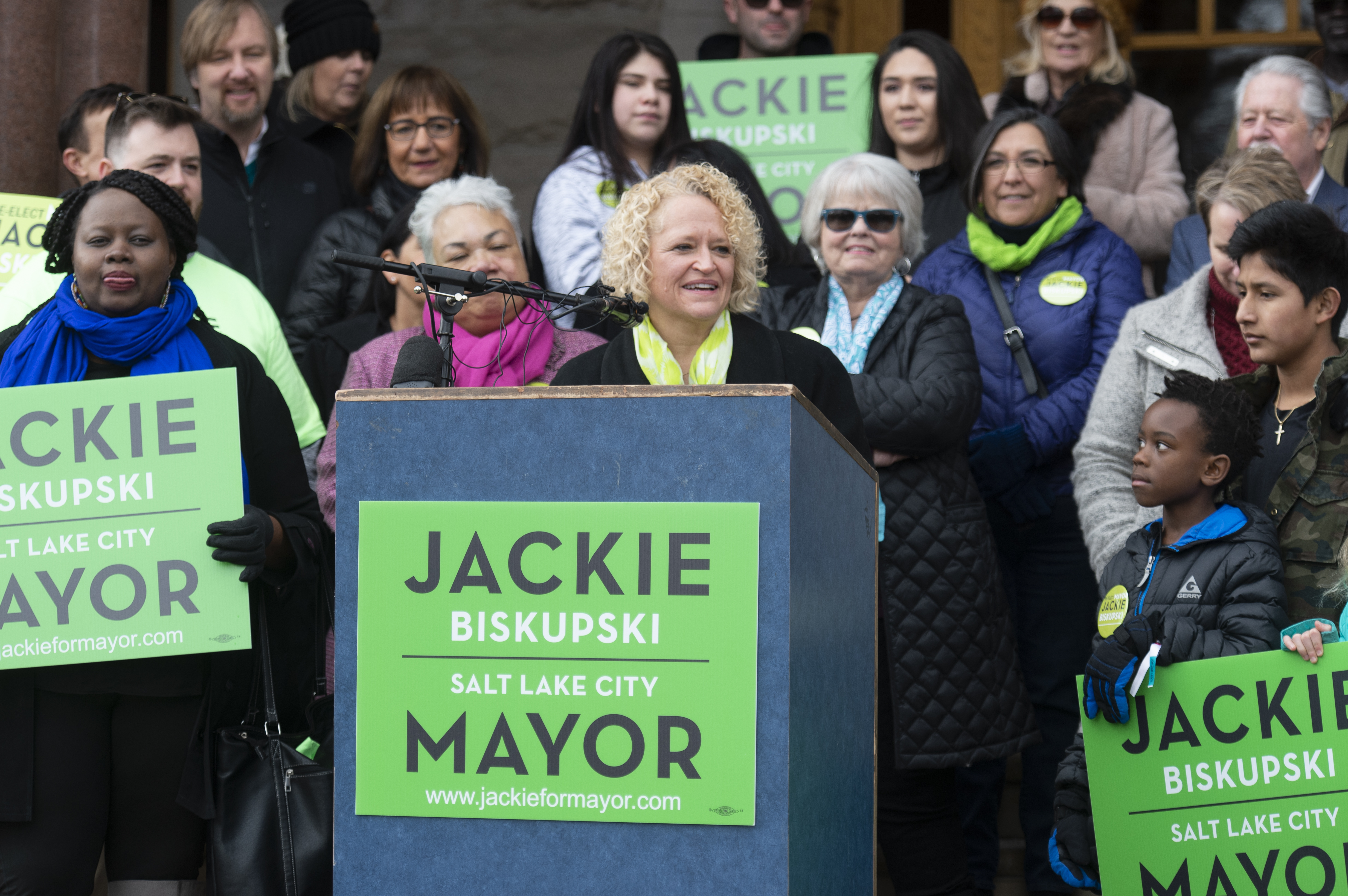 (Rick Egan | The Salt Lake Tribune) Salt Lake City Mayor Jackie Biskupski she launches her re-election campaign as she seeks a second term as supporters gather on the east steps of the City Building, Saturday, Feb. 9, 2019. 