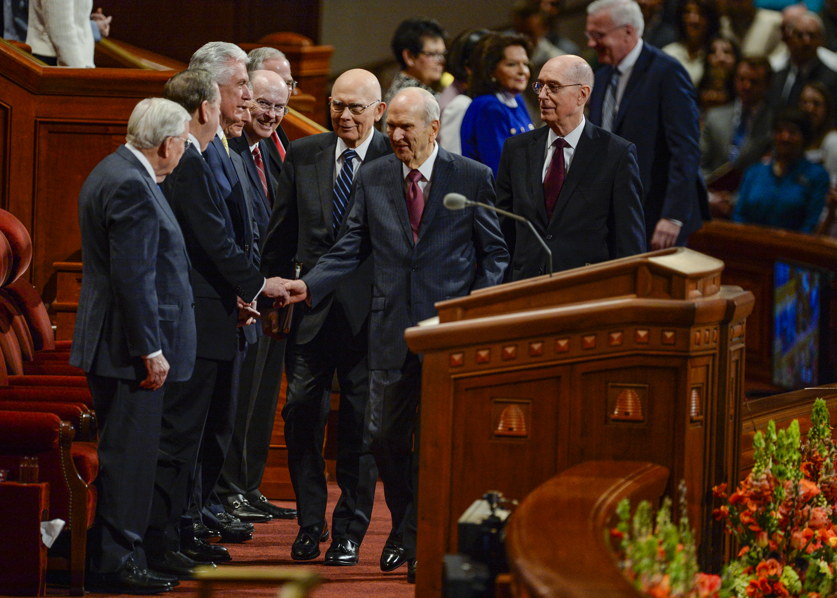 (Leah Hogsten | The Salt Lake Tribune) l-r President Dallin H. Oaks, President Russell M. Nelson and President Henry B. Eyring enter the morning session of the189th Annual General Conference of The Church of Jesus Christ of Latter-day Saints in Salt Lake City.